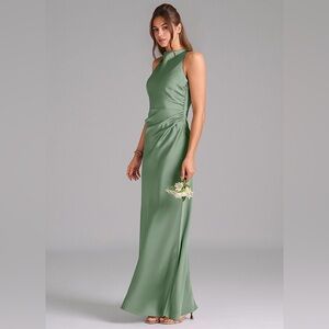 Azazie Evadne - Matcha Stretch Satin Green Maxi Bridesmaids Dress